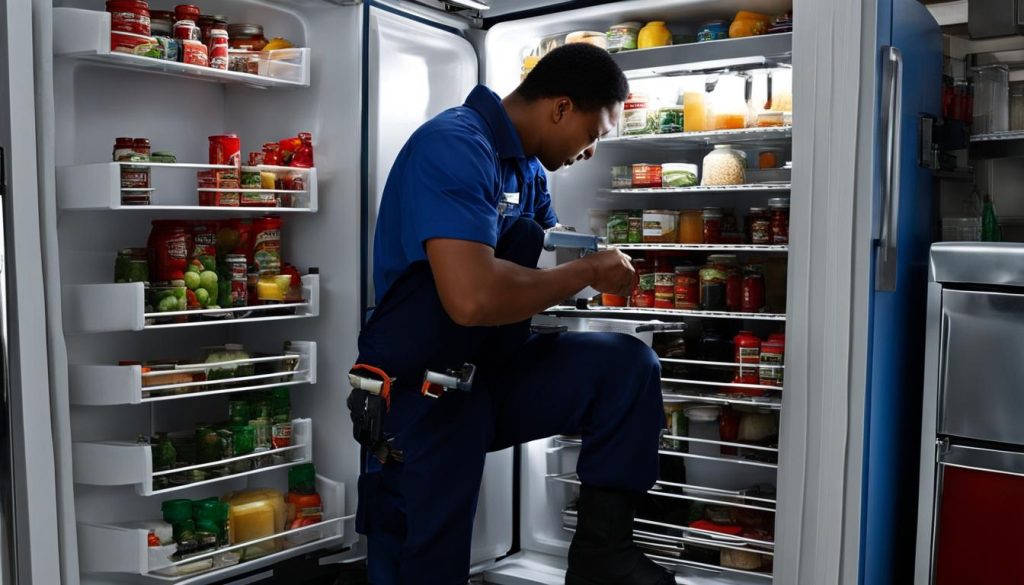 Appliance repair technician working on a refrigerator